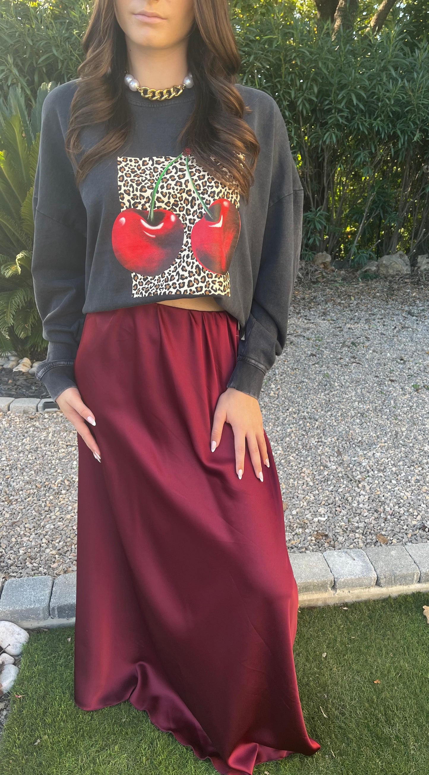 Jupe satinée unie bordeaux